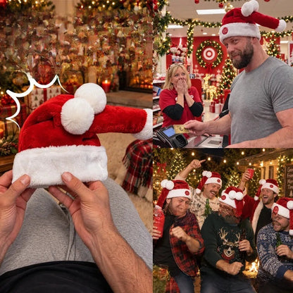 Hands holding a red plush Santa hat with a white band and pom poms beside two party scenes of people wearing it