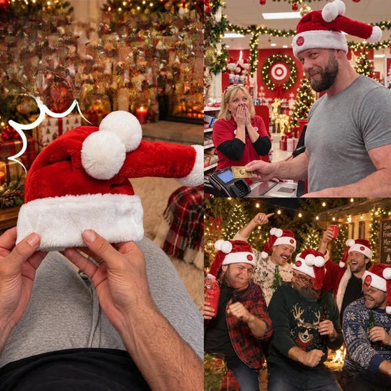Moving Santa Hat with Sound and Swinging Tail, Red Plush with White Pom Poms