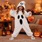 White plush ghost onesie with a pumpkin bucket on a girl in a Halloween room, 160cm option