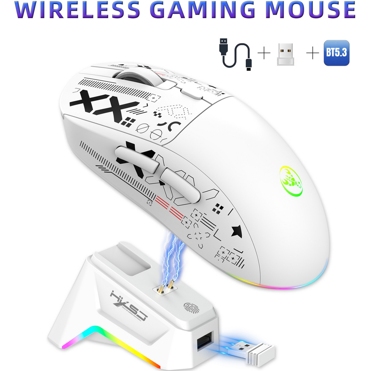 White T90 gaming mouse docked on a white RGB charging base with a USB receiver, T90PRO White option