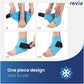 Steps showing how to wrap the blue gel ankle wrap around the foot and ankle