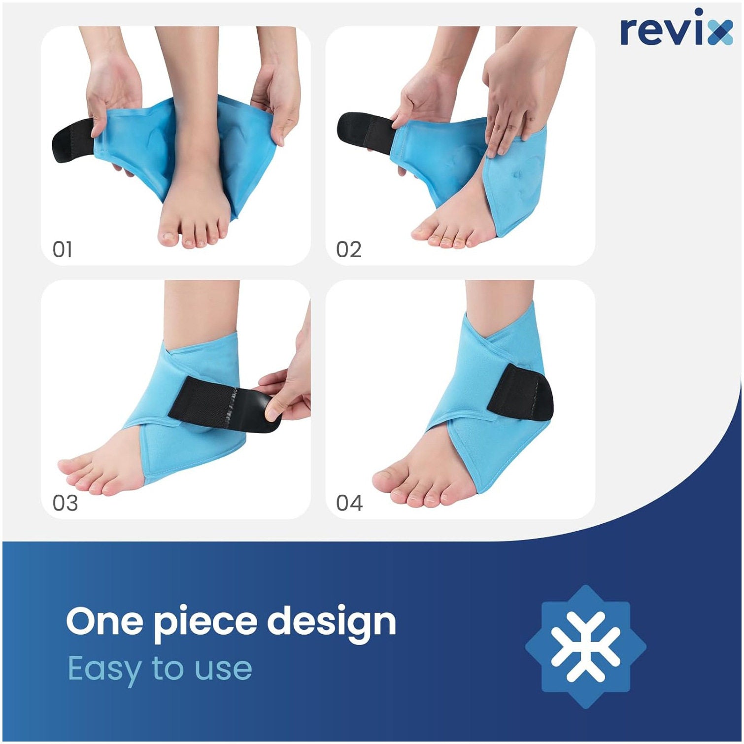 Steps showing how to wrap the blue gel ankle wrap around the foot and ankle