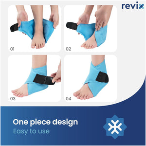 Steps showing how to wrap the blue gel ankle wrap around the foot and ankle