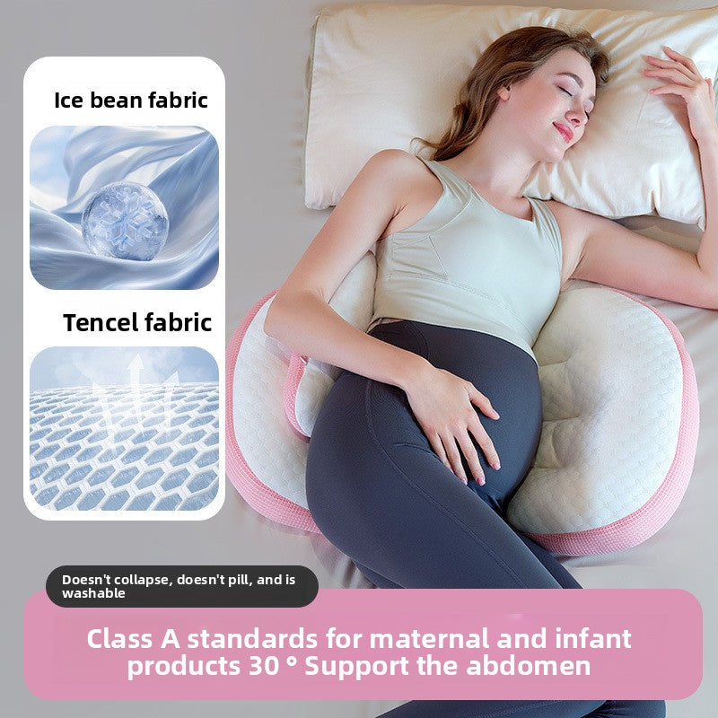 Curved maternity pillow shown in pink, blue, and gray