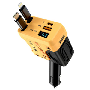 Yellow and black 120W car charger with retractable USB-C and Apple Lightning cables and a voltage display
