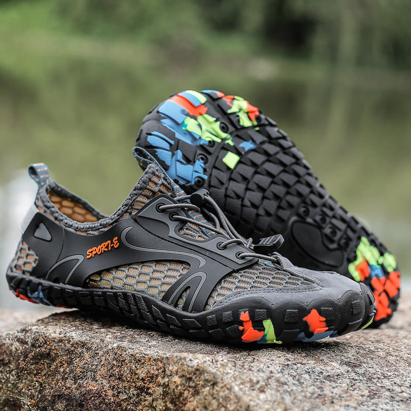 Barefoot water shoe with a split five toe front and breathable mesh panels