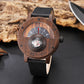 Wooden compass watch side profile showing the linked wood strap and case depth