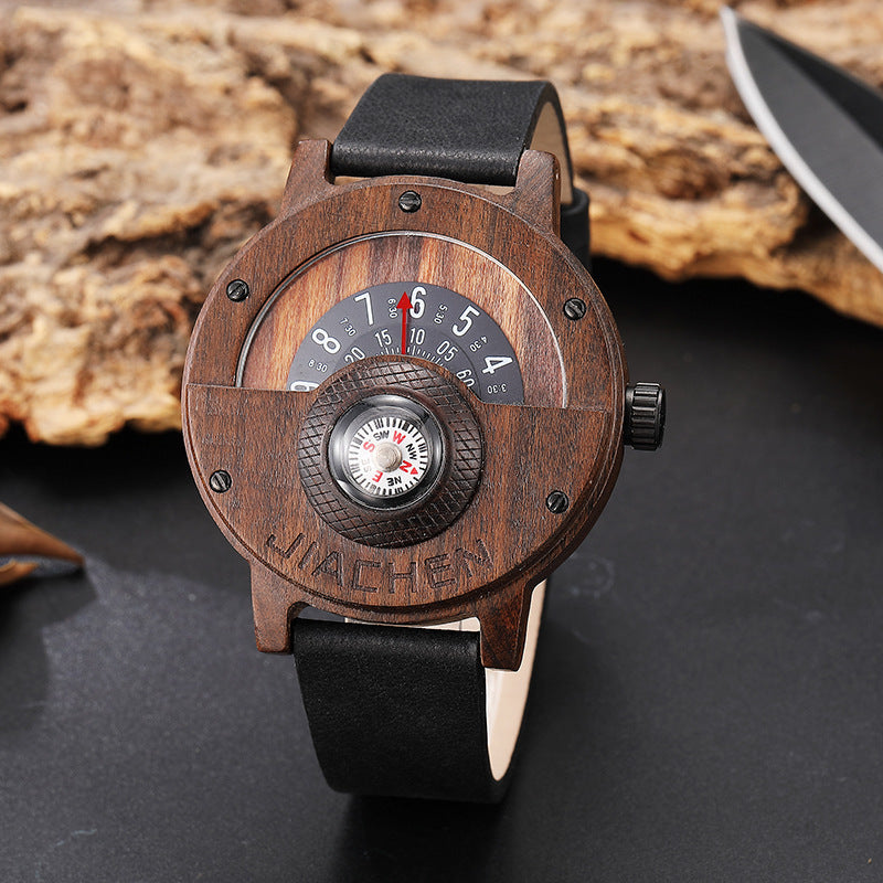 Wooden compass watch side profile showing the linked wood strap and case depth