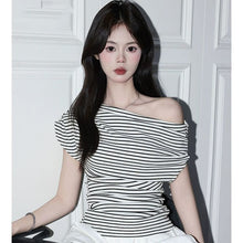 Black and White Striped Off-Shoulder T-Shirt for Women