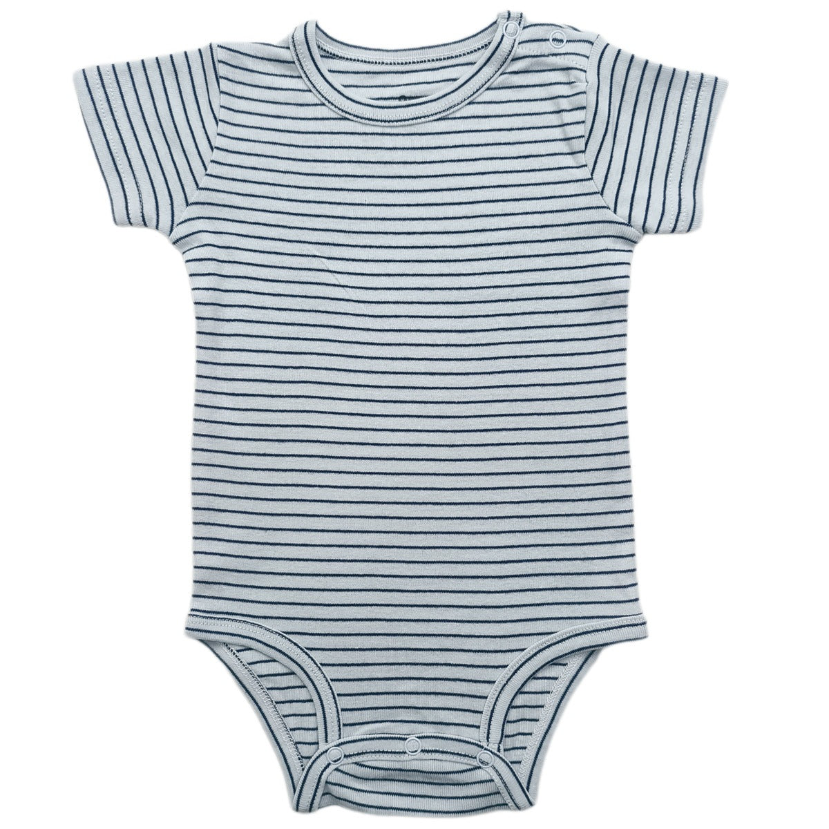 Baby cotton bodysuit with short sleeves and an envelope neckline laid flat on a white background