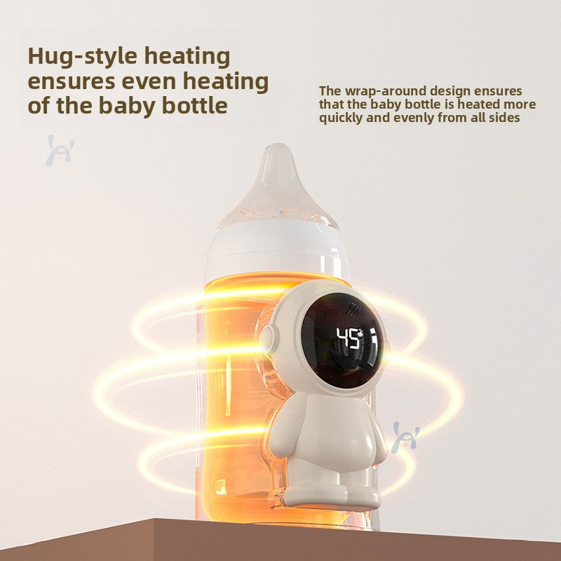 Baby bottle wrapped in the warmer sleeve with glowing rings showing heat reaching the bottle from all sides