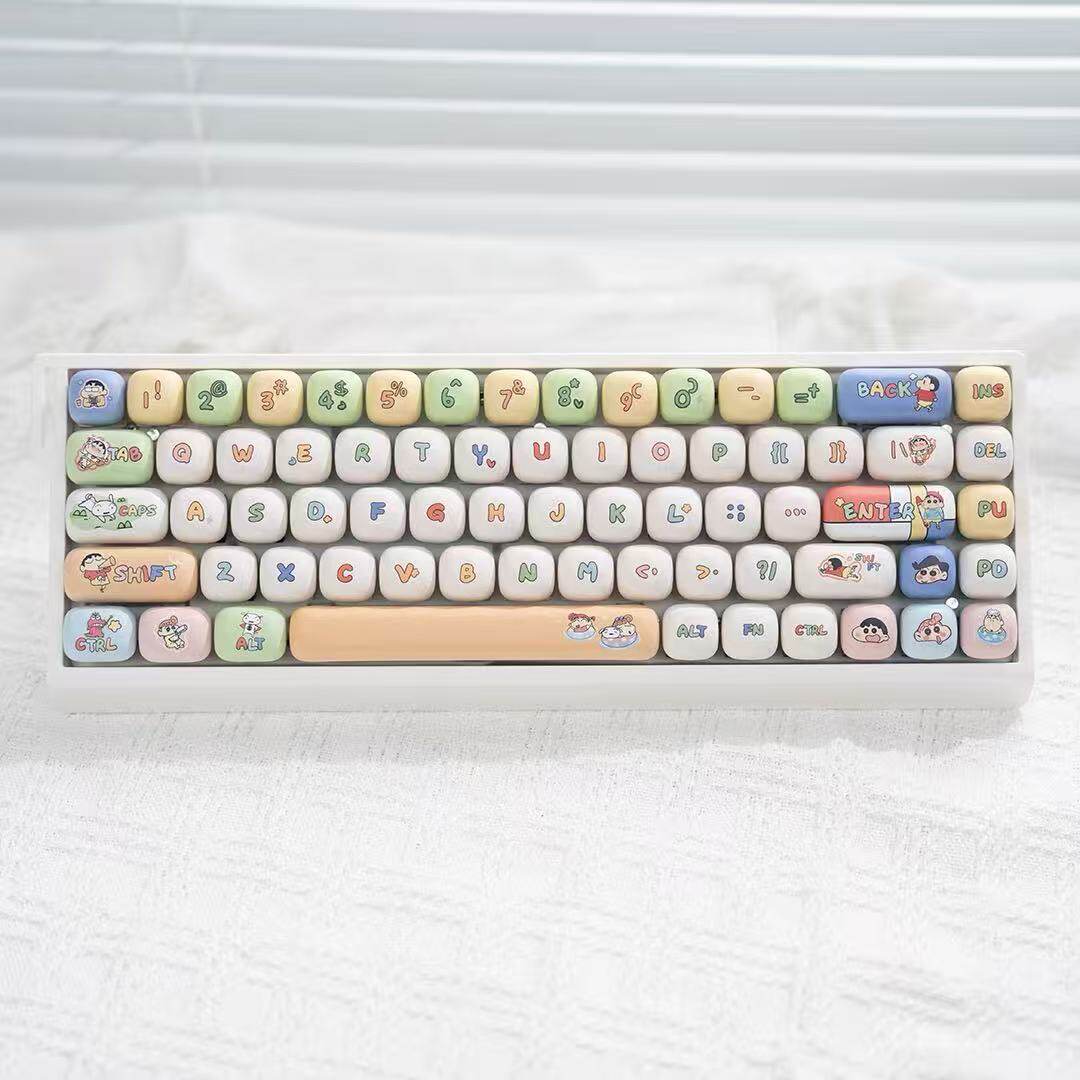 Full top view of the 68 key compact layout with cartoon accent keycaps