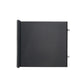Black retractable pet gate shown flat on a white background with the roller cassette on the left