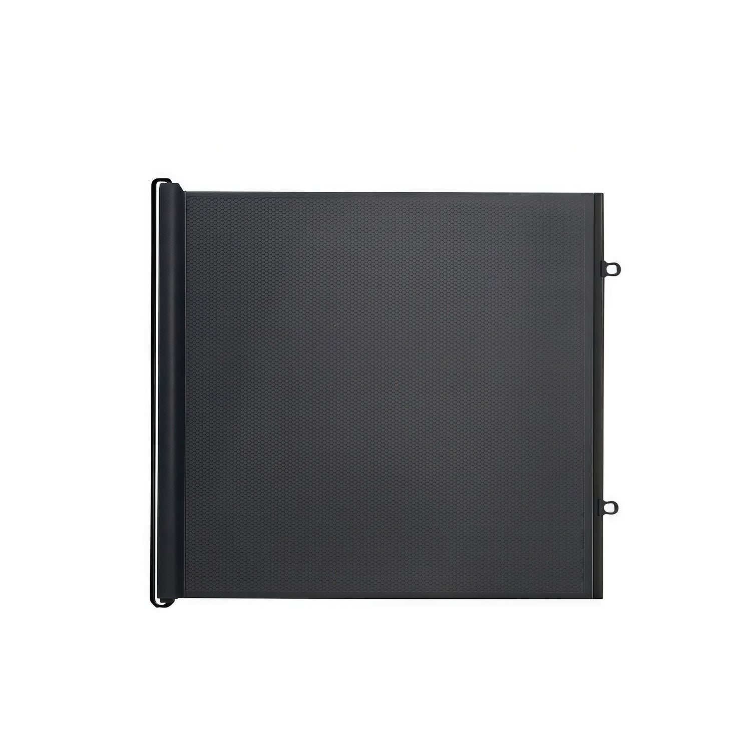 Black retractable pet gate shown flat on a white background with the roller cassette on the left