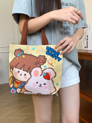 Canvas tote bag forest bear print front view