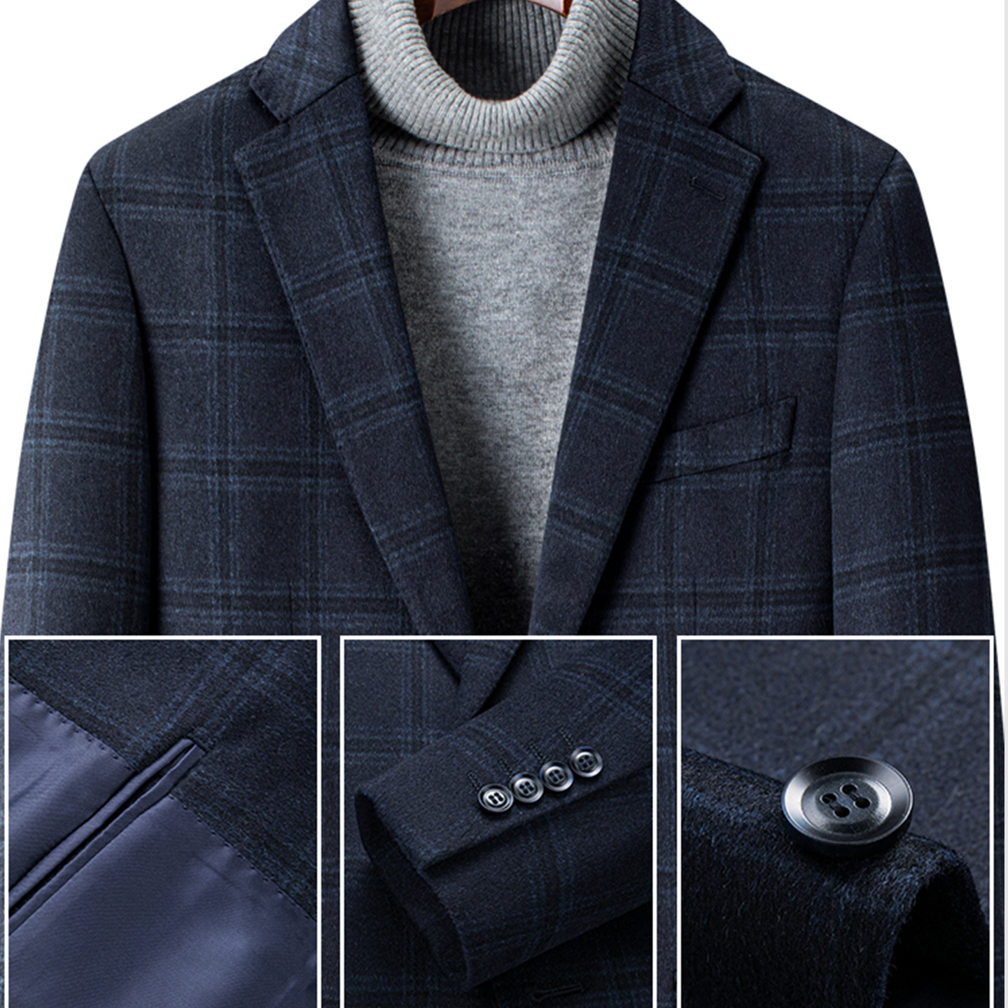 Men's navy check wool blend single breasted blazer detail of a horn look front button on the check