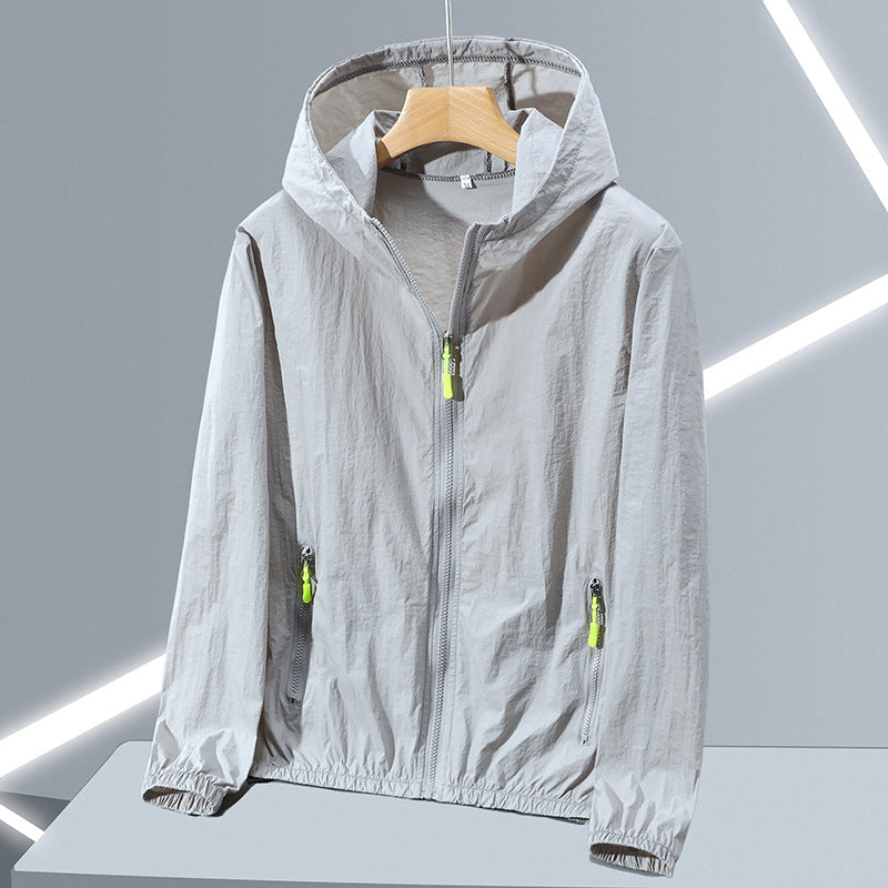 Light grey hooded zip jacket with front zip and slanted zip pockets on a hanger