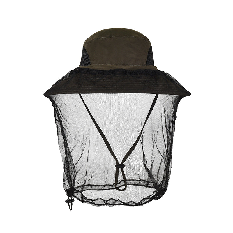Outdoor mosquito net sun hat with a drawcord and wide shade brim