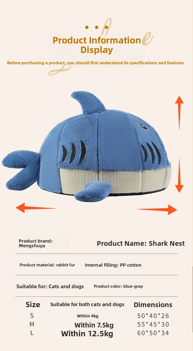 Shark nest information panel with PP cotton filling, cats and dogs and size chart, with an L size not offered here