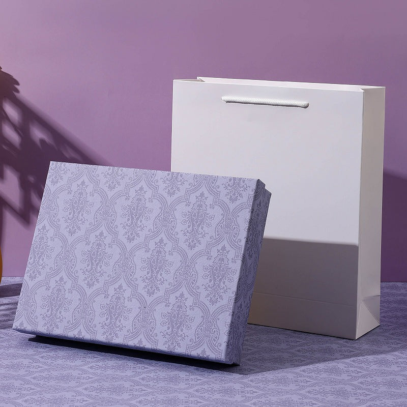 Purple damask gift box with a white gift bag behind it, no bow, model #9, inner 26x20x12 cm