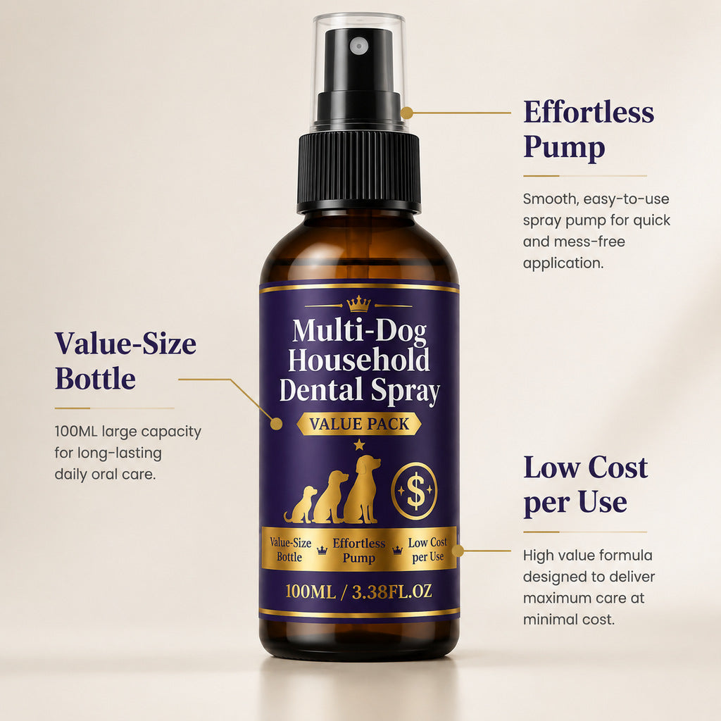 Dental spray bottle for dogs with callouts for the value-size 100 ml bottle and the effortless pump