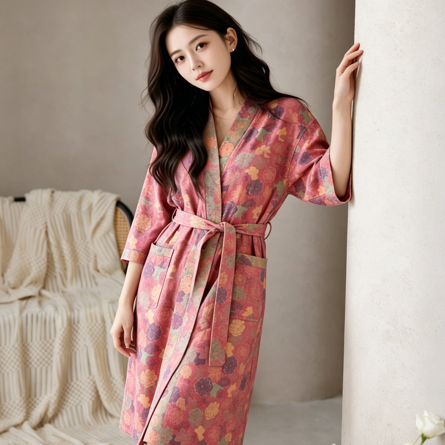Bathrobe worn after a shower while relaxing at home in soft morning light