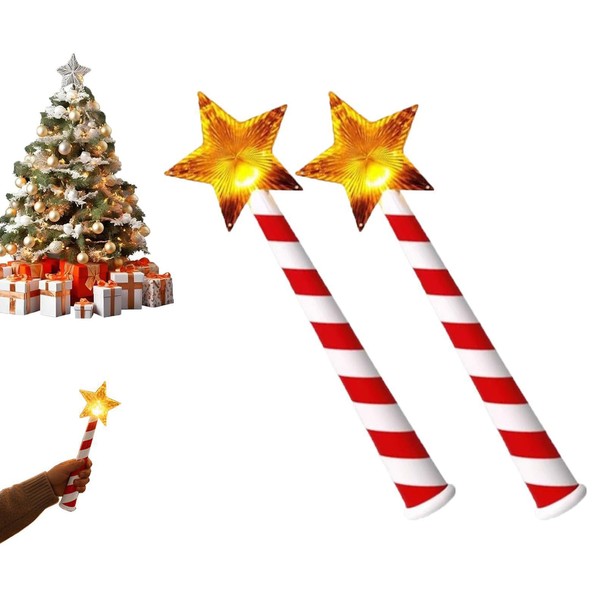 Warm glowing star Christmas wand with candy cane striped handle, festive decoration