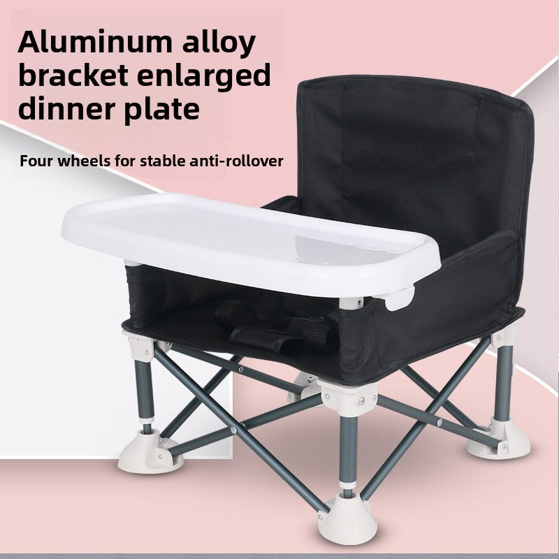 Folding baby feeding chair without canopy showing the fabric seat and webbing harness