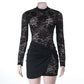 Black floral lace long sleeve bodycon dress with ruched twisted skirt panel on a mannequin, Black S option