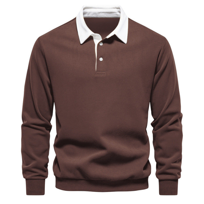 Long sleeve polo collar pullover styled in a neutral interior on the body