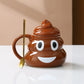 Brown ceramic poop shaped mug with the pointed lid removed to show the open drinking rim