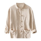 Khaki cotton linen shirt jacket fastened with five frog closures and two patch pockets on a white background