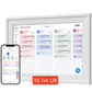 Touchscreen digital calendar shown on a shelf stand beside a phone running the app