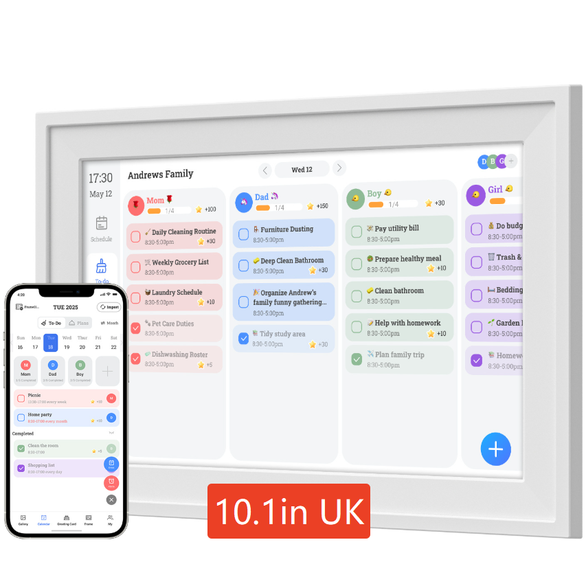 Touchscreen digital calendar shown on a shelf stand beside a phone running the app