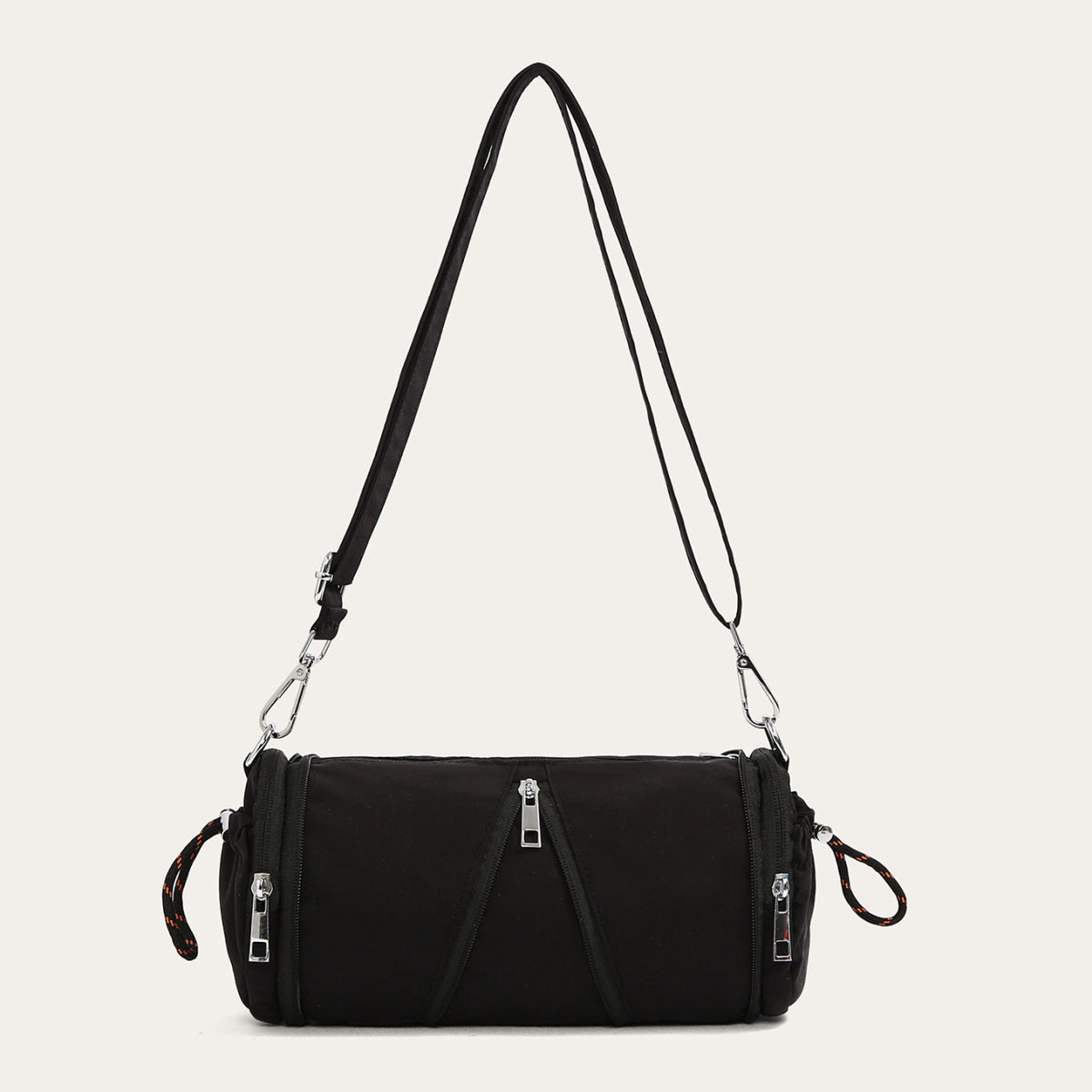 Black cylindrical nylon crossbody bag with stitched front lines and silver hooks, variant image for the black color