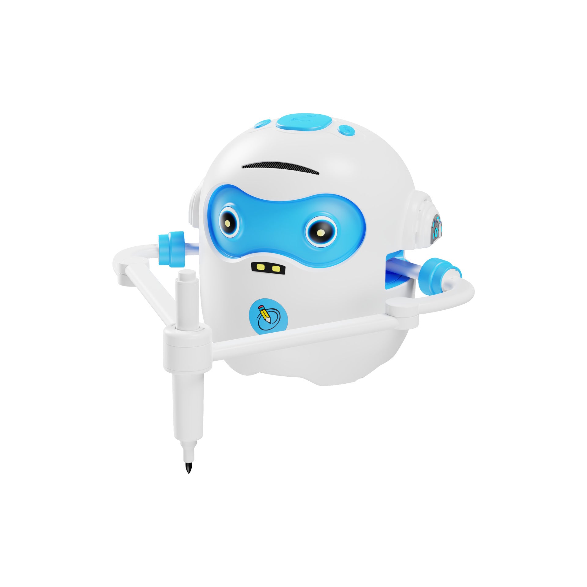 White inductive drawing robot with pen arm lowered and marker tip down, studio product view