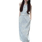 Striped sleeveless maxi dress with hidden side pockets shown on a white background