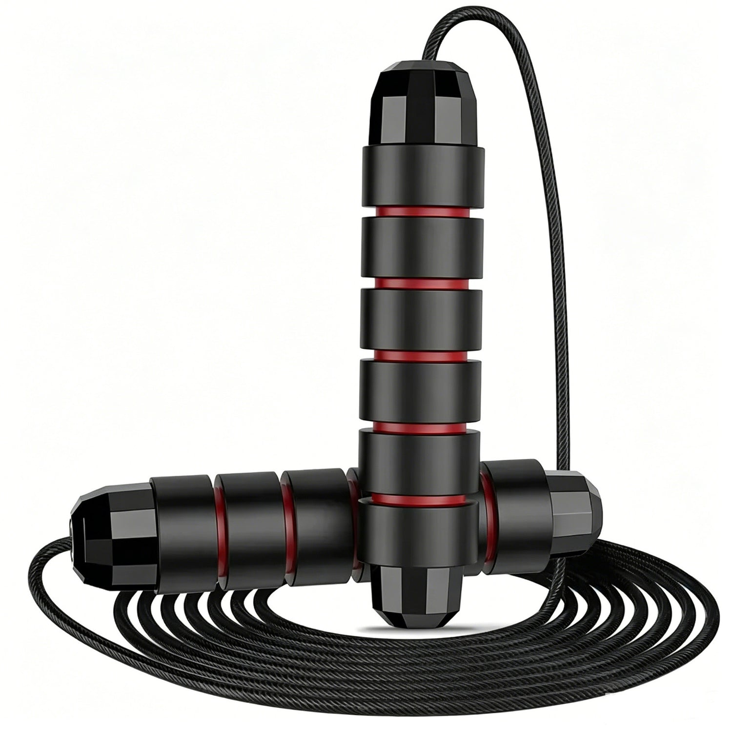 Black and red speed skipping rope standing upright with the cable coiled below