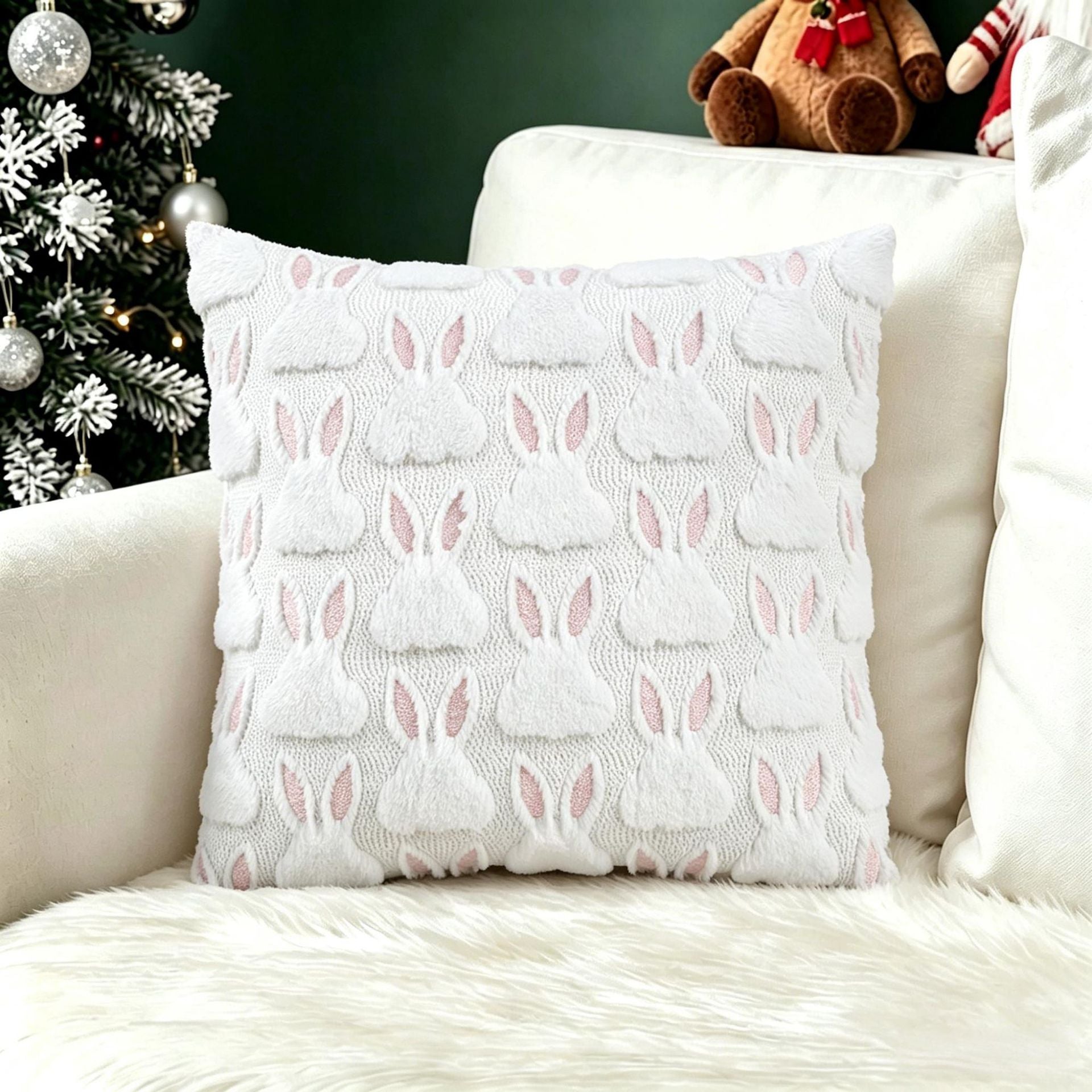 Plush carved cushion cover with a raised bow pattern worked into the plush surface