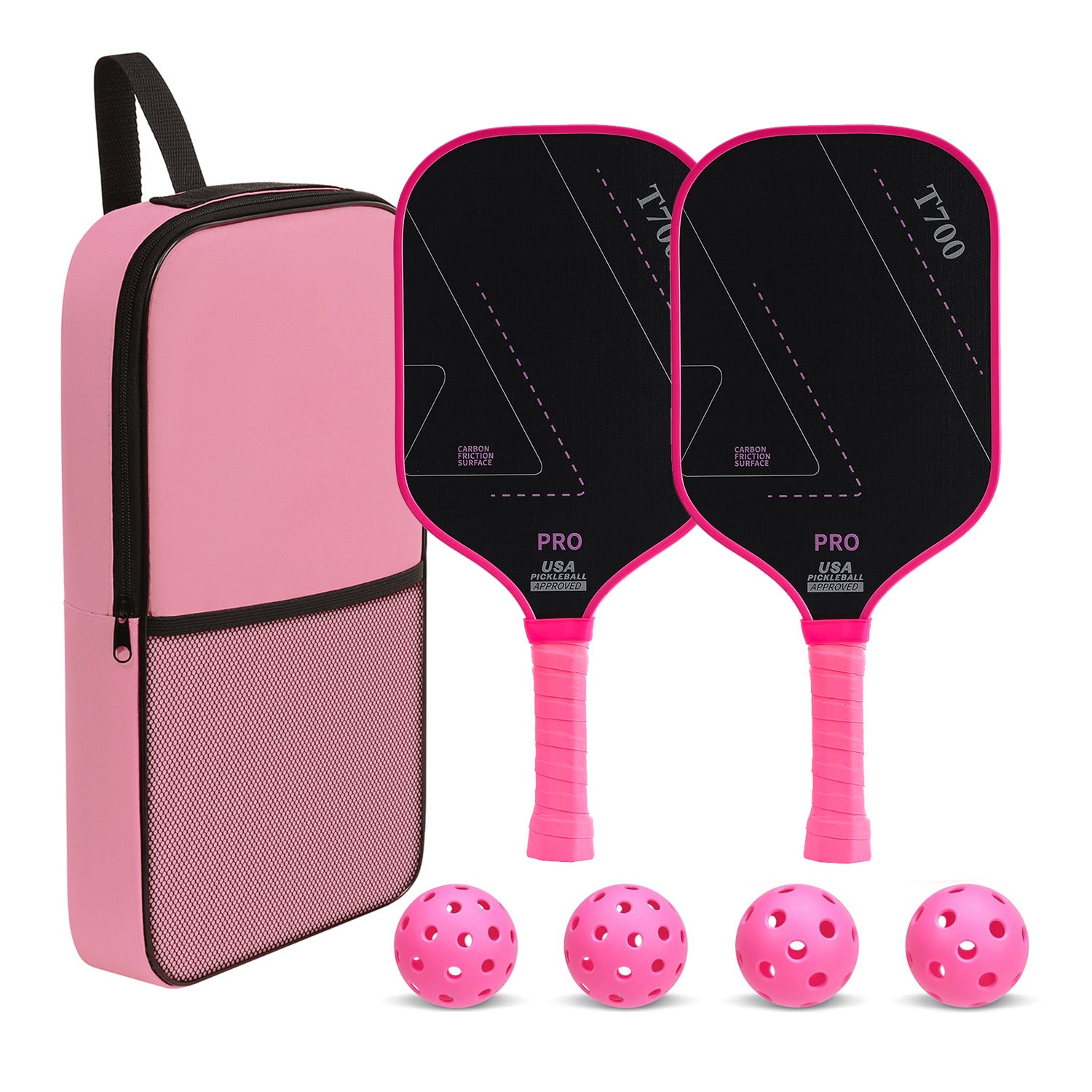 Pickleball set laid out with two black carbon faced paddles, four pink balls and a pink zip carry bag