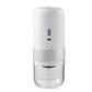 White electric coffee grinder on a plain background, one push button, knurled ring and clear grounds chamber