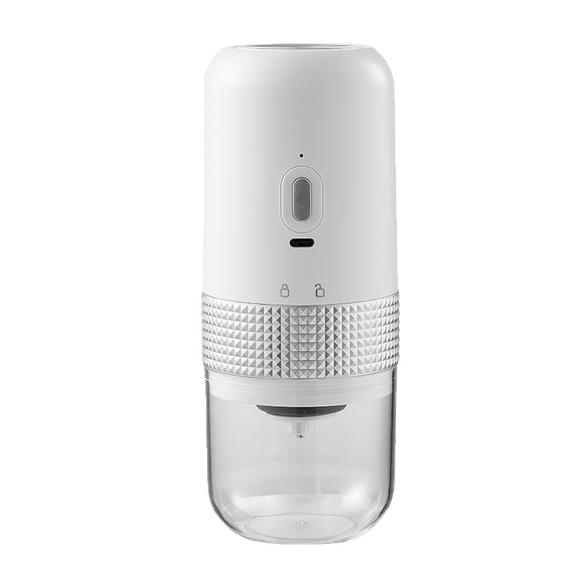 White electric coffee grinder on a plain background, one push button, knurled ring and clear grounds chamber