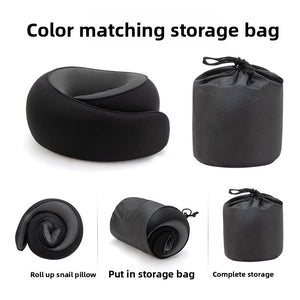 Black memory foam travel pillow with matching drawstring bag and the roll up steps to store it