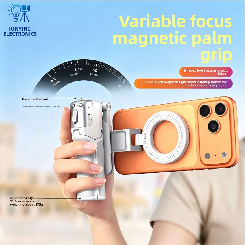 Graphic of a hand holding a white magnetic palm grip carrying an orange phone, with a focus wheel call out