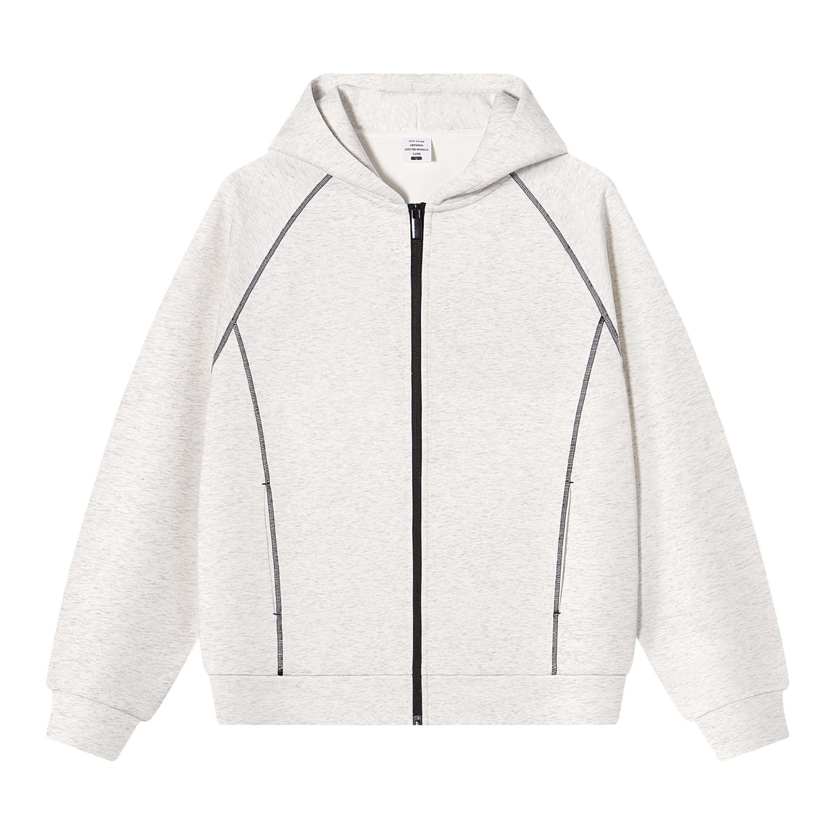 Off white heather zip-up hoodie with dark contrast stitching and a black zip, size 2XL option