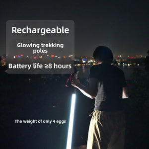 Infographic showing the rechargeable LED trekking pole glowing at night with battery details