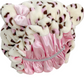 Close view of the leopard print bear ear sleep cap showing the pink satin lining and the elastic band