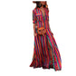 Blue and purple striped maxi shirt dress falling to the floor with a high side slit