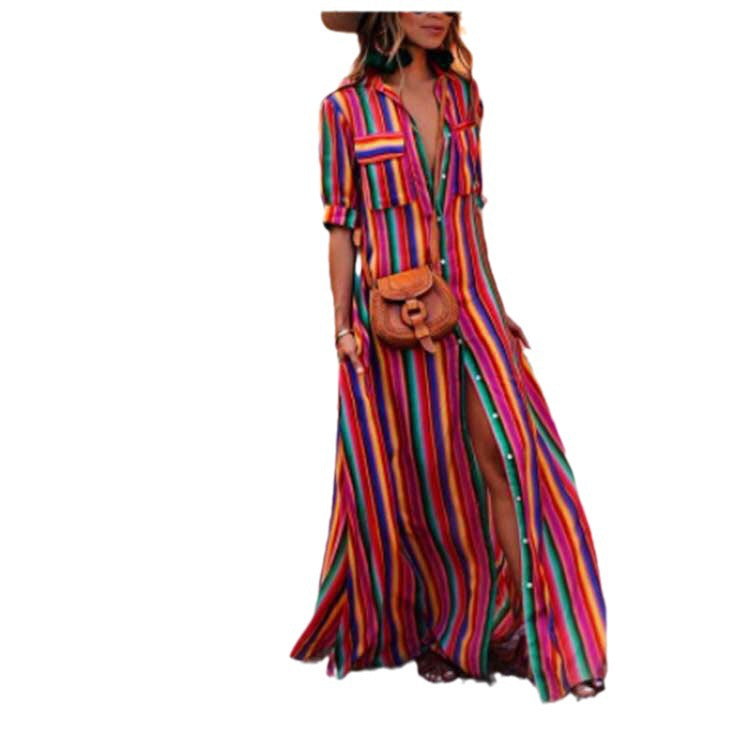 Blue and purple striped maxi shirt dress falling to the floor with a high side slit