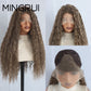 Curly brown lace front wig with light highlights, front, close up and cap interior views, Brown with Light Highlights option